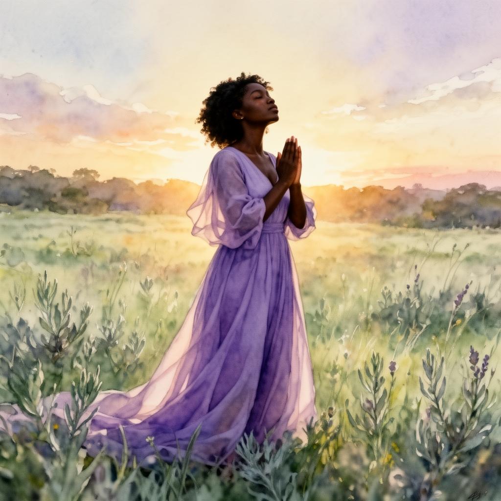 Black woman in lavender dress praying in a sage meadow