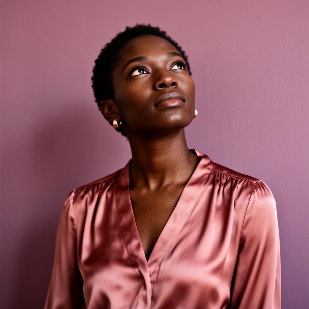 Black woman in dusty rose silk looking upward